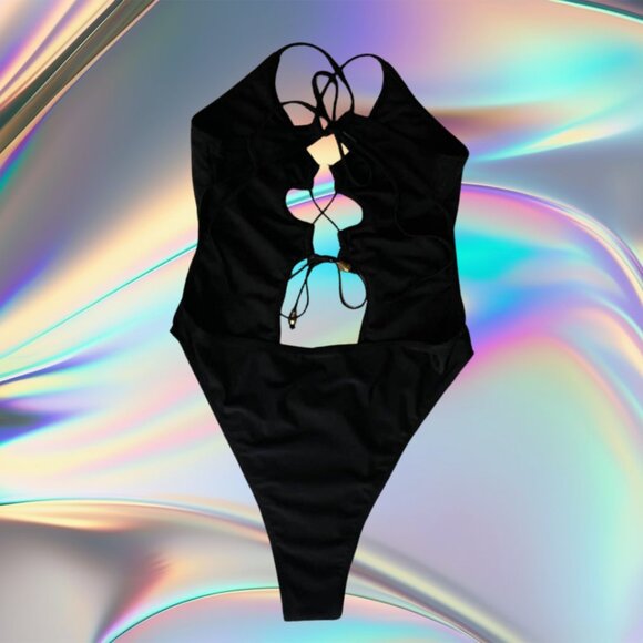 Black Cutout One-Piece Swimsuit with Tie Front & Gold Detail – Size Medium - Picture 3 of 10
